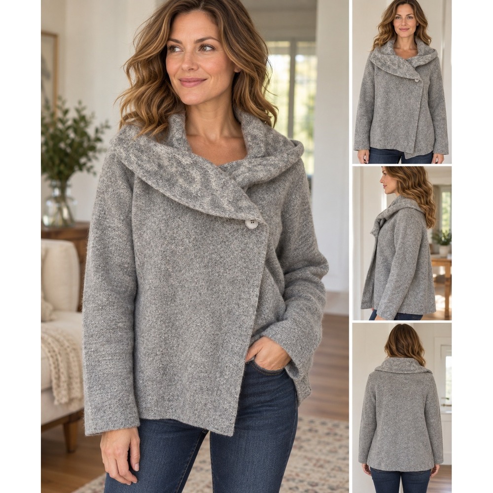 Chiaramente Italy Wool Blend Asymmetrical Wrap Jacket Grey Medium